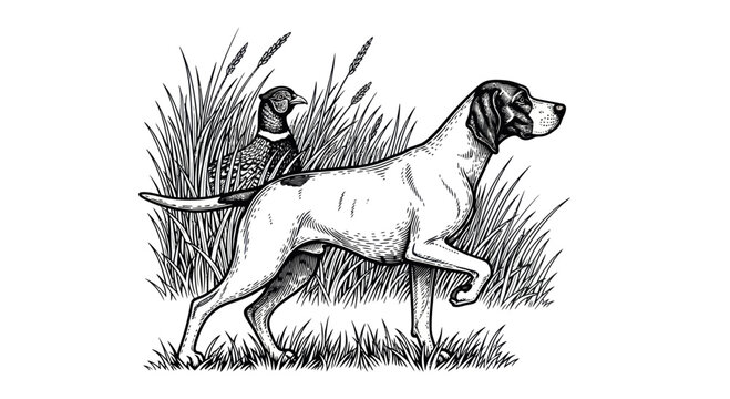 Pointer dog in hunting stance ready.