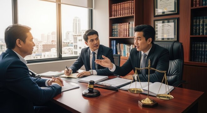 Two Asian men, likely lawyers, are engaged in a serious discussion at a large wooden desk. One man gestures emphatically while the other listens intently, both with pens in hand.