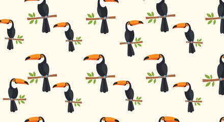 Fototapeta premium Seamless pattern of colorful toucan birds perched on branches with green leaves repeating on a light cream background.