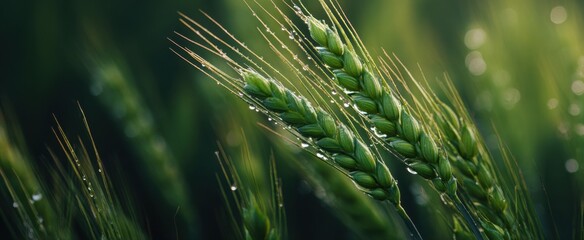 Fototapeta premium Dew-covered wheat stalks glisten in morning light with a lush agricultural field backdrop.