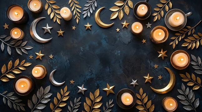 Solemn Ashura mourning commemoration featuring glowing lit candle with golden crescent moon and celestial star amidst decorative metallic leaf on a dark atmospheric mystical mosque background.