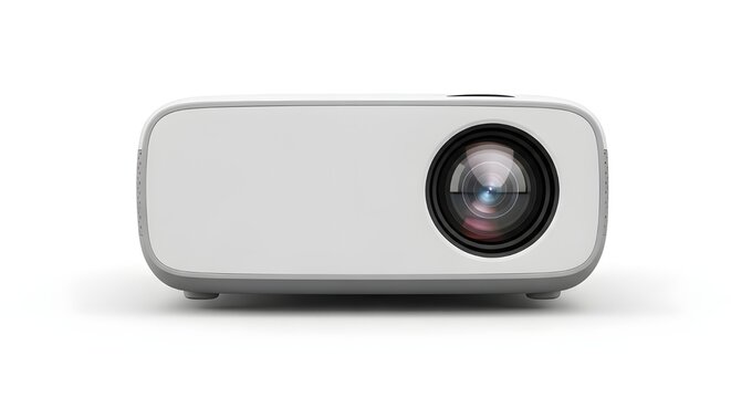 Mini Projector With Lens And Compact Body On Clean White Solid Background, Representing Portable Entertainment, Presentation Technology, And Modern Multimedia Innovation