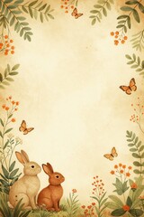 Fototapeta premium Baby Bunny Illustration in Nature Watercolor Border