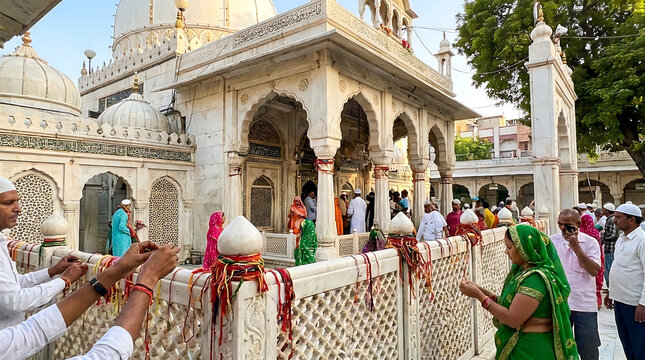 Sacred Niyyat red cotton threads tied on marble screen at Ajmer Sharif Dargah in Rajasthan India representing spiritual prayer intentions and holy devotion of Sufi pilgrimage devotees.