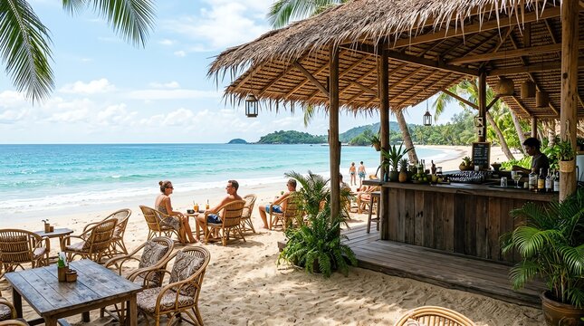 Beachside Bar with Customers Blue Ocean and Palm Trees Scene