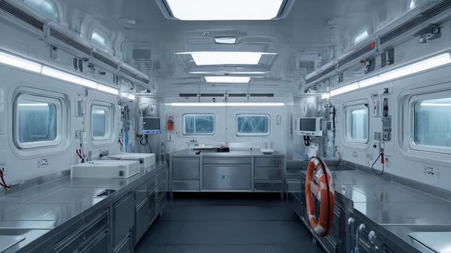 Advanced research facility or medical lab with a sterile environment, featuring stainless steel surfaces and monitors, suitable for scientific exploration and healthcare innovation