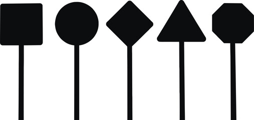 Five black road signs with different geometric shapes on white poles isolated on white background © Md Jafar