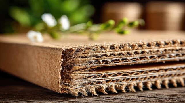 Closeup Layered Corrugated Cardboard Edge Placed on Wooden Table with Soft Background