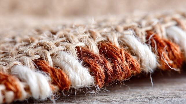 Macro Rustic Jute Rug Edge with Orange and White Yarn on Wooden Floor