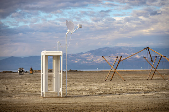BOMBAY BEACH, CALIFORNIA, USA - Jan 7th, 2026: The Free Love Phone Booth art installation by Irondad at the edge of the Salton Sea