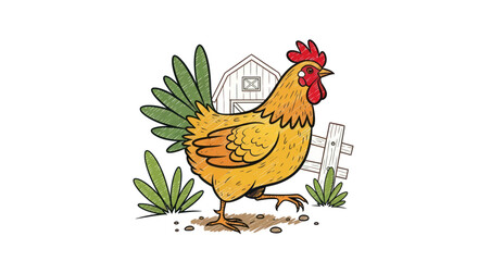 Vibrant Yellow Cartoon Rooster Walking. © albab