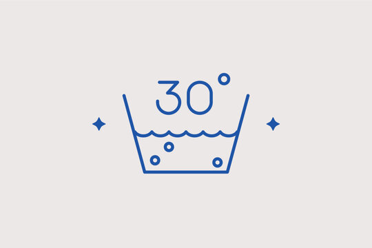 Water temperature 30 degrees line icon for delicate wash instructions and textile care labels. Informative vector illustration for clothing tag design and laundry safety manuals.