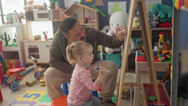 Man guides girl pointing marker to easel in studio while she sits on a stool and draws; learning bond warmth.