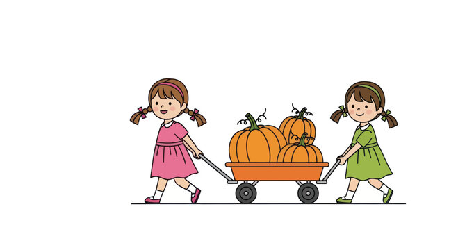Two little girls pulling pumpkin cart.