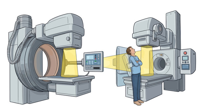 Medical professional operating linear accelerator.