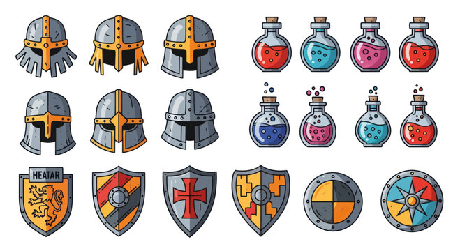 Medieval helmets and shields icons set.