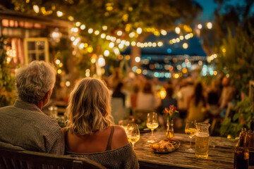 Fototapeta premium Rear view of a loving senior couple sitting at a rustic wooden table enjoying an outdoor evening party with warm string lights