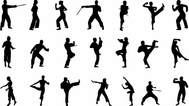 martial arts silhouettes set dynamic combat poses on white background