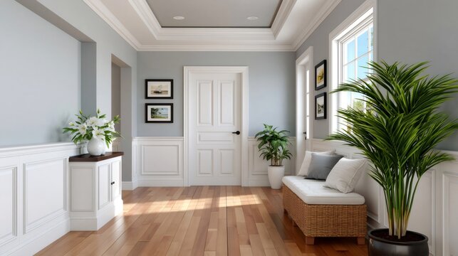 Home interior hallway with wainscoting and natural light