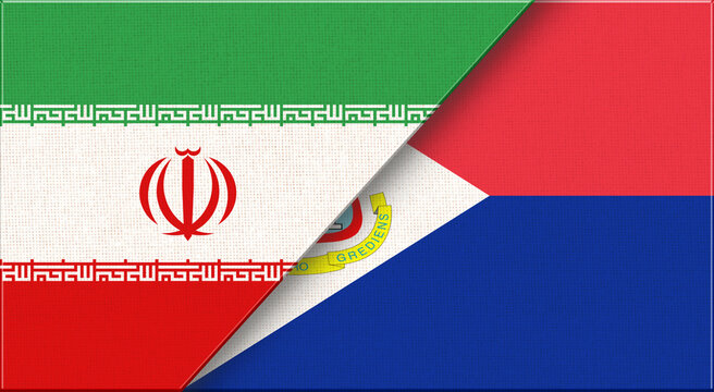 Double flag of Iran and Saint Martin on fabric. Iranian-Saint Martin relations