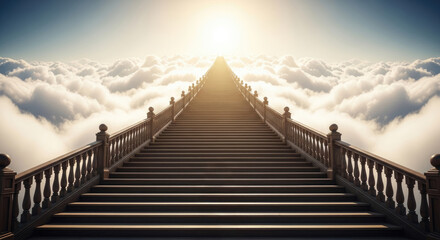 Fototapeta premium A majestic stone staircase ascends towards a radiant sun, framed by a vast expanse of fluffy clouds.