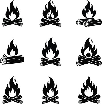 Black and white campfire various log arrangements with flames logs wood