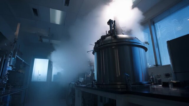 Large stainless steel bioreactor tank venting cold vapor and gas inside a modern research facility, creating an industrial atmosphere for biotechnology or pharmaceutical experiments