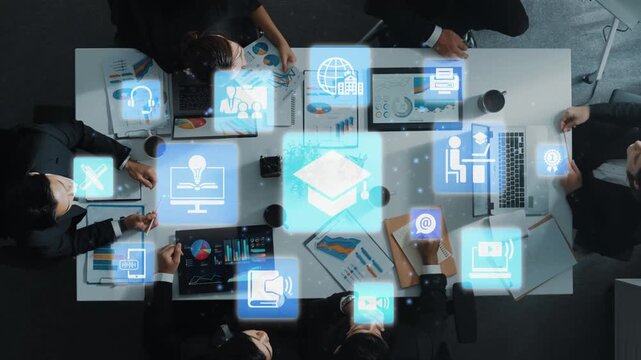 Online education icons show e-learning, online education classes, and digital study. Online education enables global online education access, flexible learning. Funnel