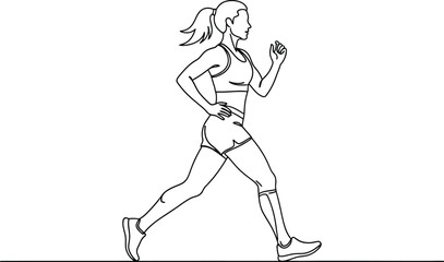 Fototapeta premium Continuous line of a woman running, profile view, wearing athletic shorts and sports bra female athlete