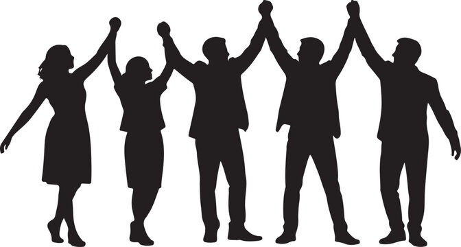 Group of successful business people standing in a row holding hands up in the air celebrating victory and success