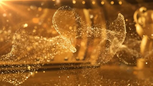 Luxurious Golden Particle Flow Animation with Award Trophy in Background for Recognition and Celebration
