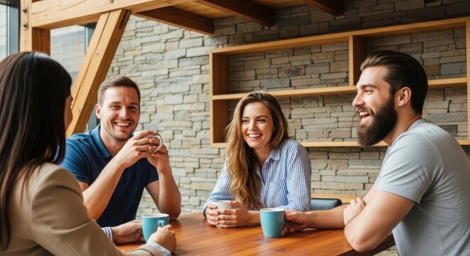 Four friends toasting drinks at rustic wooden table