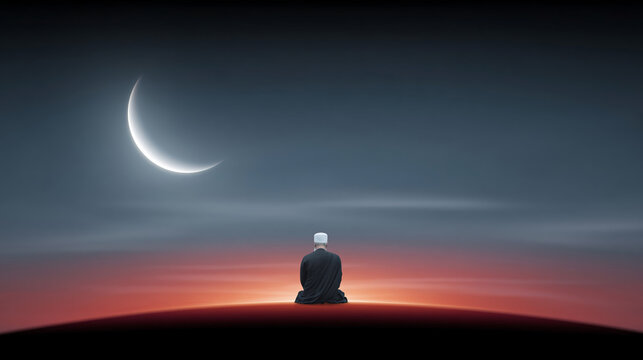 Muslim man prayer silhouette moon sky night worship faith crescent moon cloud sunset spiritual meditation alone peaceful reflection