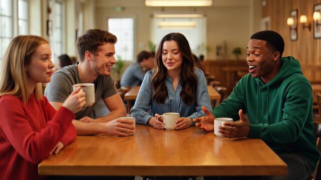 Diverse Group of Four Young Friends Talking and Laughing Together in a Cozy Cafe.