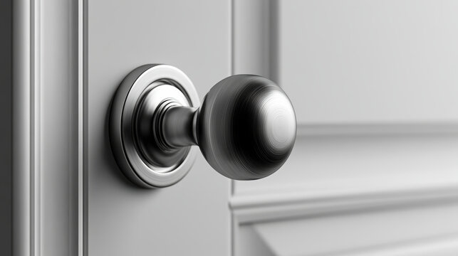 White door metal doorknob door lock closed door home interior security privacy modern design silver handle minimal style White door with metal