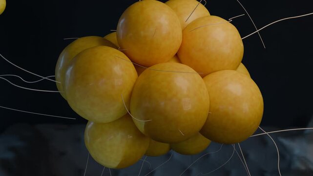 Detailed 3D motion graphic of clustered yellow fat cells with fine connecting fibers, rotating slowly on a dark background. Macro close-up shot with realistic lighting and vivid detail.