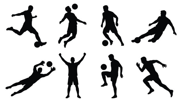 Football player silhouette vector set soccer athlete action poses kick goal celebration for sports tournament championship logo template poster banner design
