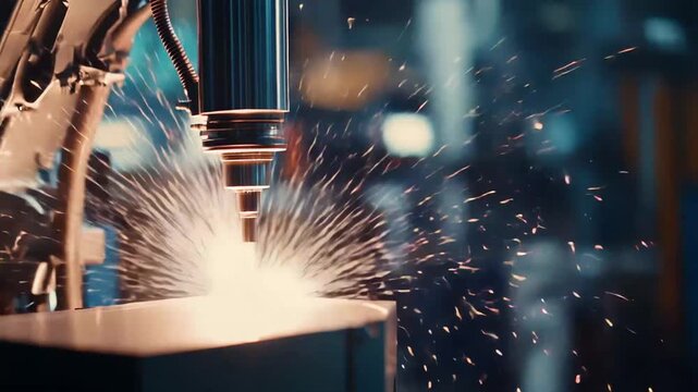 Robotic cutting machine performing precision work in a modern factory setting with bright sparks during metal fabrication, representing industrial automation and advanced manufacturing