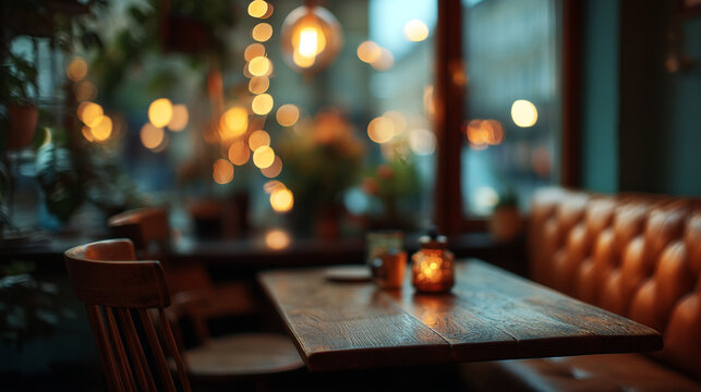 Dimly lit restaurant table with glowing candle and plush seating restaurant interior