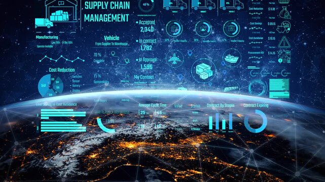 Supply chain management interface showing delivery routes, warehouse efficiency, cost savings, vehicle tracking, procurement ROI, and contract stages. Futuristic supply chain monitoring system. Thunk