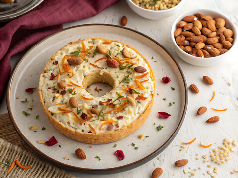 Teej rabri ghewar top view, realistic Indian dessert styling
