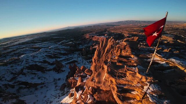 Cappadocia FPV drone, first person view of historic Uchisar Castle fortress, Turkey, Turkiye