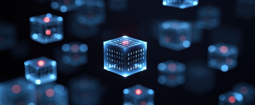 Cryptocurrency idea featuring digital blocks hex codes and linked data connections