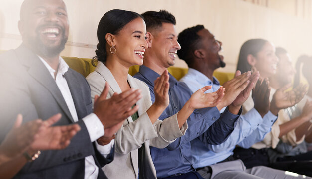 Business, people and happy with applause at seminar for good news, motivation and training success. Smile, staff and clapping hands with team for encouragement, celebration and conference achievement
