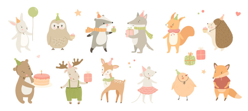 Cute bunny, bear and deer with birthday hat, cake and balloon, flat vector animal character illustrations set for celebration and baby greeting design, isolated wolf, squirrel and fox