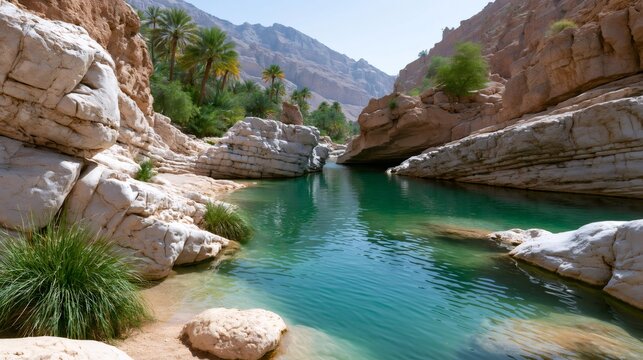 Wadi Bani Khalid natural pool with turquoise water and palm trees