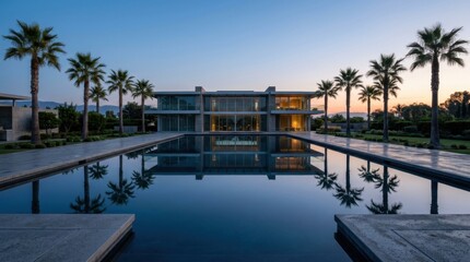 Fototapeta premium Luxury modern mansion with a long pool reflecting the sunset sky and palm trees.