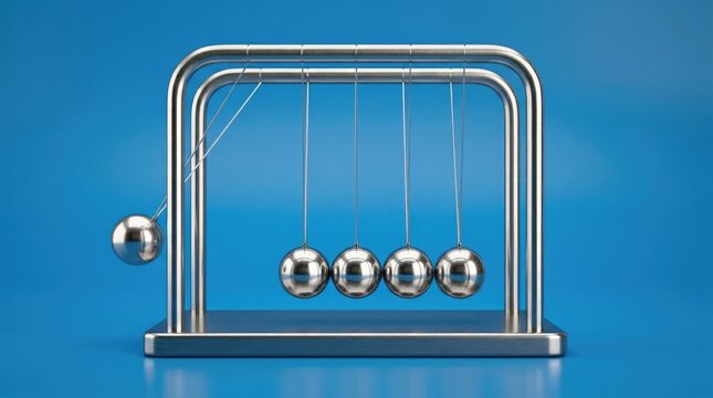 A chrome Newton's cradle rests on a blue surface. The balls swing in a rhythmic pattern, demonstrating the principles of conservation of momentum.