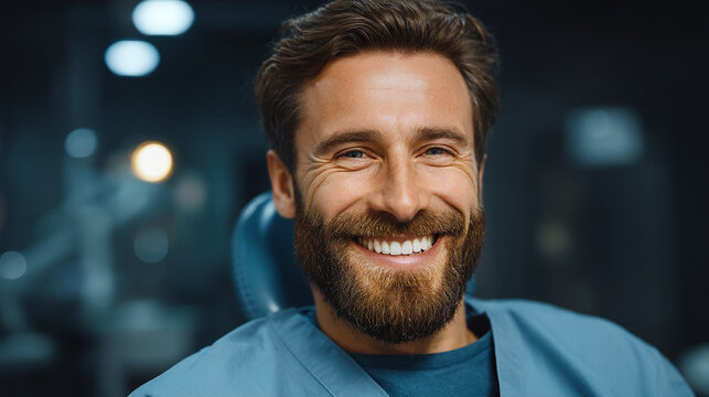 Portrait of a friendly man with a full beard smiling warmly in a dimly lit indoor space