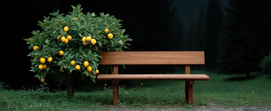 An empty wooden bench in a lemon orchard glows like sunshine in warm evening light